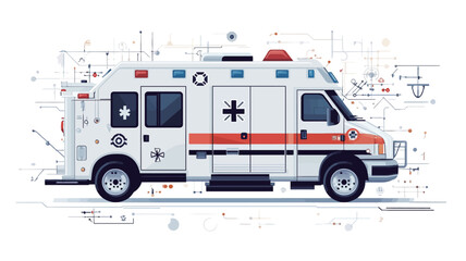 A side profile illustration of an ambulance, rendered in a technical drawing style. The ambulance is predominantly white with red stripes and a red cross emblem.  It is depicted against a