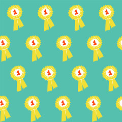 Award ribbon, prize, 1st place, winner, number one seamless pattern. Success, achievement background. Paper, fabric design. Cartoon illustration style.