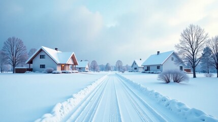 Serene Winter Homescape Snow-Covered Houses Line a Quiet, Tire-Tracked Road in a Peaceful, Frosty Landscape