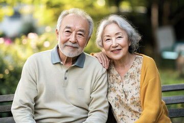 An elder couple smiles warmly at the camera while seated outdoors, showcasing love and companionship in a pleasant nature setting filled with greenery and soft light.