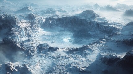 Dark sci-fi RPG battle map showcasing a broken glacier terrain with alpine features, fissures, and hidden ice traps, perfect for immersive role-playing adventures.