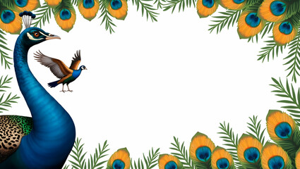 Obraz premium Celebrate World Wildlife Day: Peacock and Vibrant Feathers Border Frame with Copy Space for Wildlife Beauty