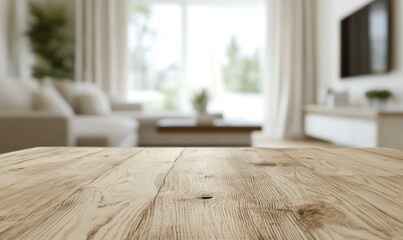 Wooden Surface with Blurred Living Room Backdrop for Product Display
