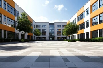 Fototapeta premium modern school building with some bright orange exteriors and some grey exteriors,