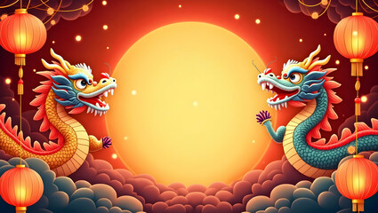 Fototapeta premium Dynamic Dragon Dance and Vibrant Lanterns Frame Lively Space for Lantern Festival Celebrations - Perfect Photo Stock Concept with Empty Space on the Left Side