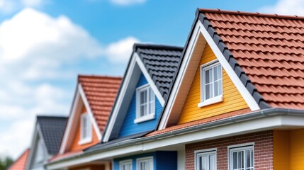 Charming suburban neighborhood with colorful rooftops and a picturesque landscape of blue sky fluffy clouds and lush greenery  Idyllic residential with cozy and comfortable family homes