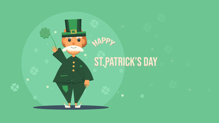 festive of vectors happy St. Patrick's Day  featuring an adorable leprechaun holding a clover on pastel green color background, flat design illustration