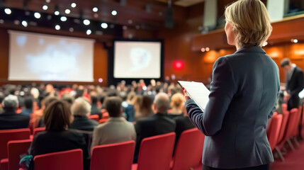 An attentive audience watches a speaker present at a conference, emphasizing the importance of engagement and information sharing in professional settings.