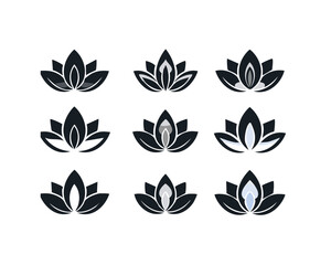 Fototapeta premium Lotus Flower Icons, Black and White Lotus Symbols, Minimalist Lotus Logo Set, 9 Lotus Graphic Elements