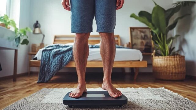 A man stands on a digital scale in a bedroom setting. His focus is on his personal health and wellness, with a clear representation of lifestyle choices.