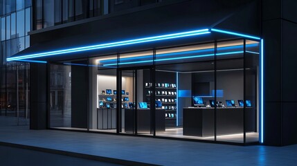 Modern Tech Store at Night - Illuminated Storefront with Electronics Display