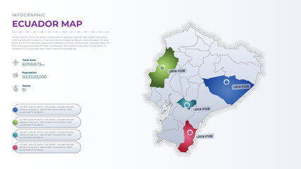 Total Area, Papulation, States & More Detailed Infographic Map of Ecuador. Ecuador country map infographic colored vector template with regions and pointer marks.