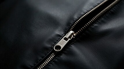 Close-up view of a metallic zipper on a sleek black leather garment, showcasing fine details and texture