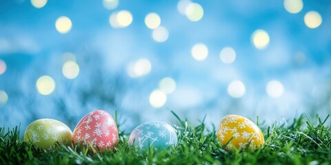 Colorful Easter eggs on the grass with a blue sky background.