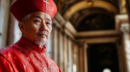 Asian bishop dressed in red at the Vatican, concept of election of the new pope