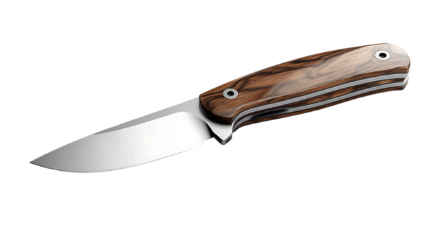 Close up of a fixed blade knife with a wooden handle.