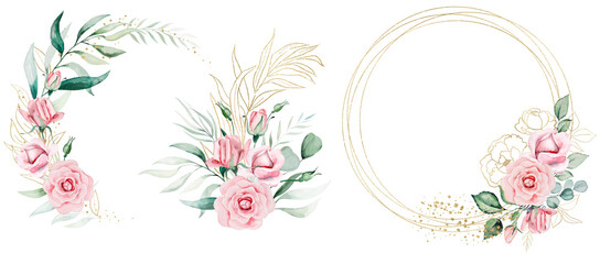 Frame and bouquets with pink watercolor flowers and green leaves, isolated wedding and greeting illustration