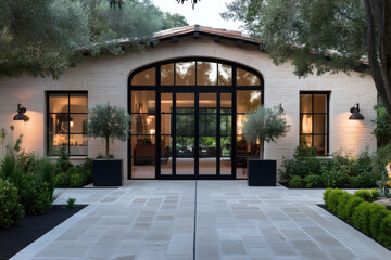 Elegant home facade with steel-framed windows.