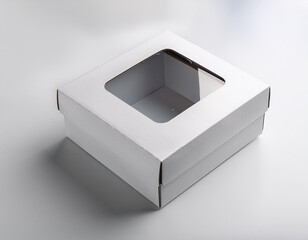 white square paper box with clear plastic window to display product 3d mockup empty paperboard container packaging realistic mock up cardboard bakery box template