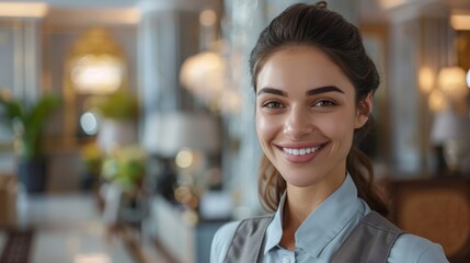 Obraz premium Bright smile spreads joy in a luxurious lobby during a sunny day