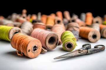 Collection of vintage wooden sewing spools wrapped with colorful thread in various shades, accompanied by a pair of antique scissors, evoking a sense of craftsmanship and timeless tradition