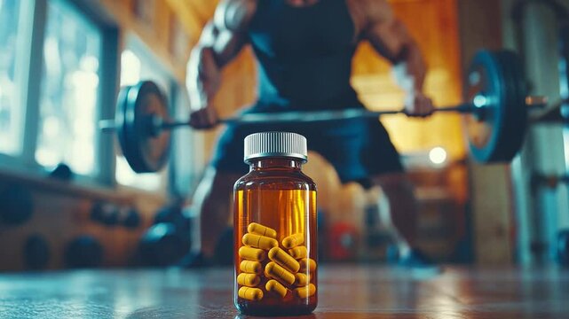 Supplements for Strength: A bottle of supplements in focus as a muscular man does the weight lifting, symbolizing fitness and health
