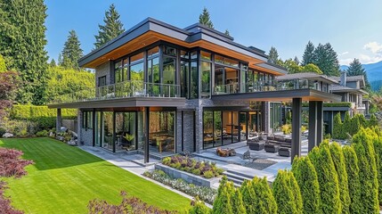 Fototapeta premium Geometric Contemporary Luxury Home with Sunlit Balcony