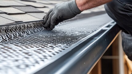 Home maintenance, gutter guard installation, house roof, worker in action