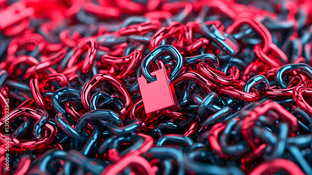 Poster a vibrant abstract image featuring intertwined red and blue chains, with a prominent red padlock, sy