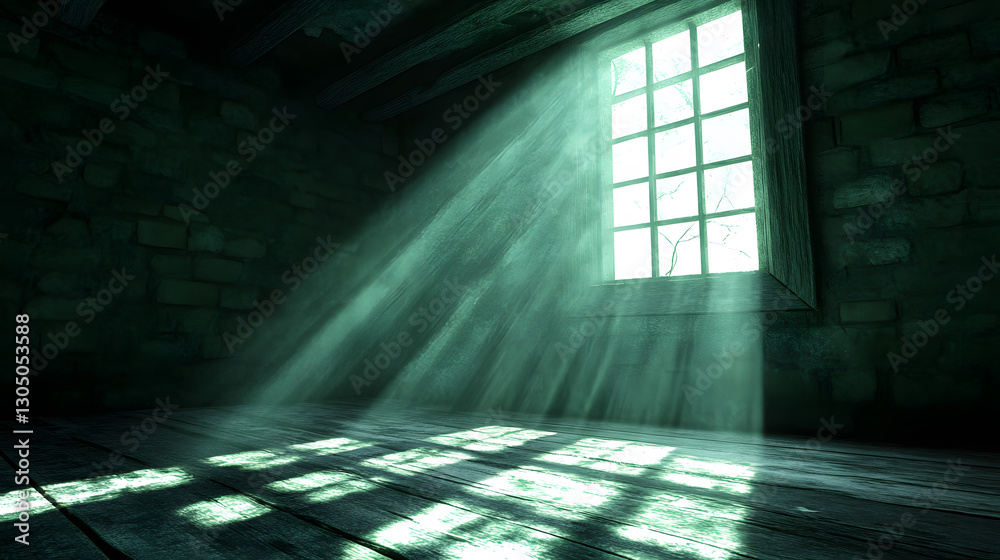 Poster A dimly lit room with a barred window, allowing soft beams of light to filter through, creating a serene yet haunting atmosphere