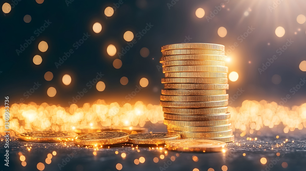 Poster A stack of shiny gold coins illuminated by soft lights, creating a luxurious and festive atmosphere