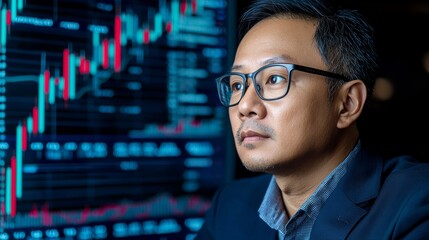 Obraz premium A focused individual observes financial data on a digital screen, highlighting trends in a modern trading environment.