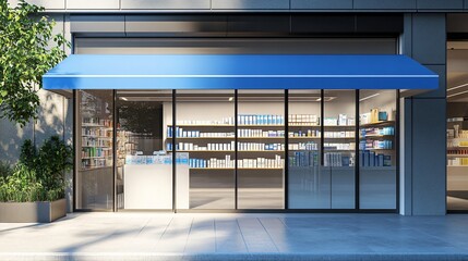 Modern Pharmacy Store Front with Blue Awning on a Sunny Day