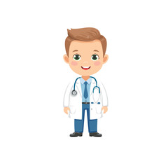 Fototapeta premium Cartoon doctor, smiling male character, medical professional, white lab coat, blue shirt