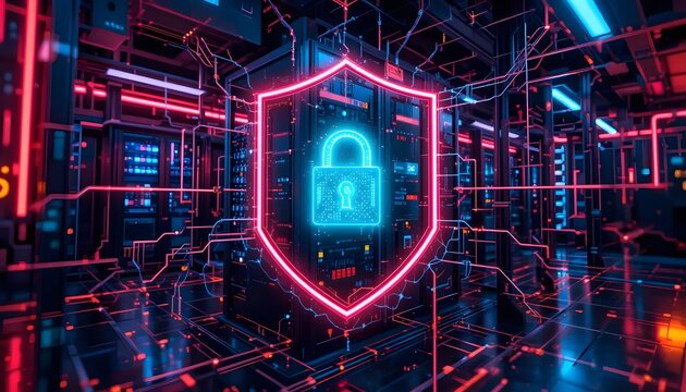 Futuristic Digital Shield Representing Cybersecurity and Data Protection in a High-Tech Server Room
