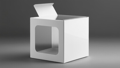 white square paper box with clear plastic window to display product 3d mockup empty cube paperboard container with tuck in flap realistic mock up toy packaging template for design