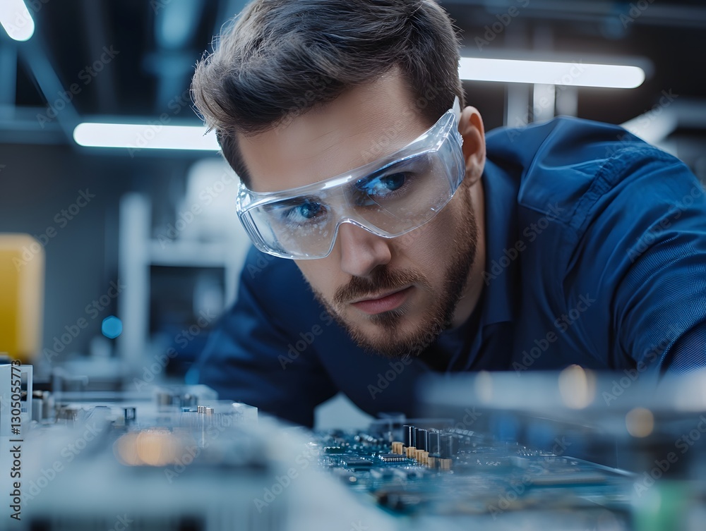 Poster Focused Engineer Analyzing Circuit Board with Safety Glasses in Lab