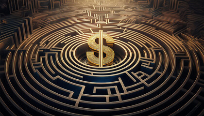 gold dollar sign at center of dark maze