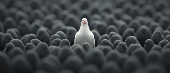 Fototapeta premium Unique White Dove Standing Out in a Crowd of Dark Birds