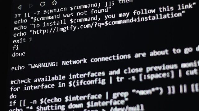 Running hacker like computer codes and information on digital screen
