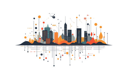 The image is a stylized, abstract representation of a city skyline.  The skyline is depicted using simplified, geometric shapes and bold colors, primarily blues, oranges, and whites.  The