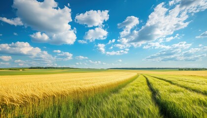 Fototapeta premium Vibrant Summer Scene: Green Grass, Golden Wheat Field, Blue Sky, And Curved Horizon In A Natural Landscape Of Yellow And Green Fields.