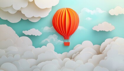 Obraz premium Paper Cut Sky Landscape With Hot Air Balloon And Realistic Clouds In Paper Craft Art: Kid Promotion For Toy Store Discount.