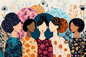 Fototapeta premium Group of women in bright clothes and blush on cheeks on floral background