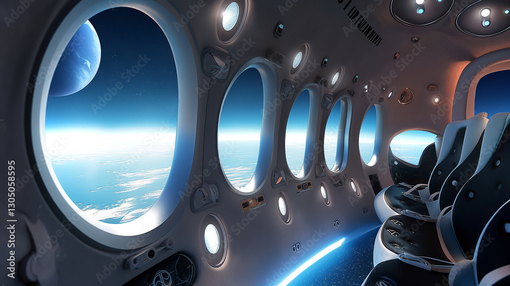 Poster this passengers enjoy breathtaking views of earth and distant planets from a luxurious spaceplane.