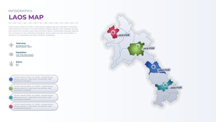 Total Area, Papulation, States & More Detailed Infographic Map of Laos. Laos country map infographic colored vector template with regions and pointer marks.