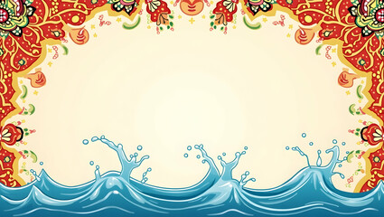 Vibrant Water Splashes and Traditional Thai Patterns Frame: Festive Copy Space for Songkran Greetings in Photo Stock with Empty Space on the Left Side