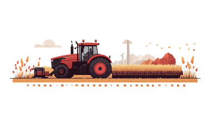 Obraz premium A digital illustration depicting a red tractor harvesting a wheat field. The style is pixel art or low-poly, with a simplified, almost cartoonish rendering of the tractor and the landscape.