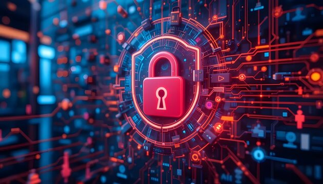 Digital Lock Icon Surrounded by Futuristic Circuit Patterns and Data Connections in Cyber Security Theme - Powered by Adobe