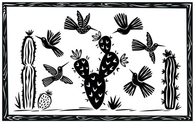 Collection of hummingbirds and cacti typical of the desert. Hand drawn in woodcut and cordel style. Vector illustration.eps